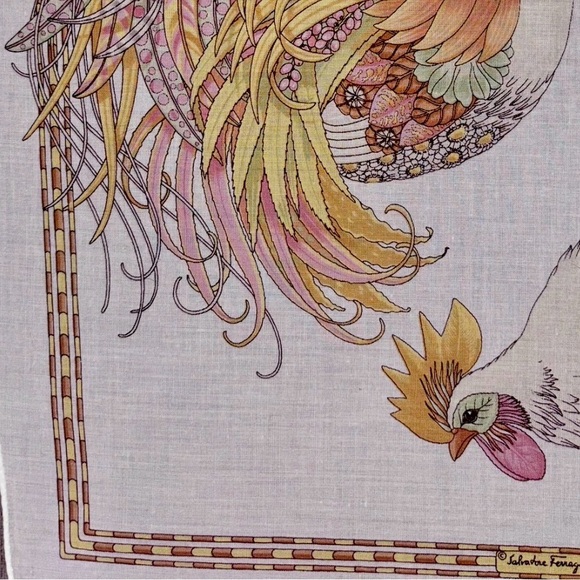 Vintage Italian Salvatore Ferragamo Scarf With 2 Colorful Roosters, 16.5”x17.5” - Picture 6 of 10